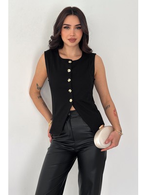 Noa Noa Kadın Altın Düğme Detaylı Kolsuz Bluz – Button Edge