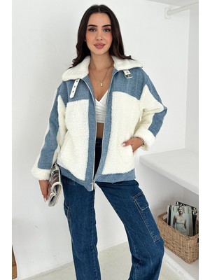Noa Noa Kadın Patchwork Sherpa Mont – Denim Frost