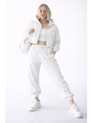 Noa Noa Kadın Crop Kapüşonlu Fermuarlı Sweatshirt – White Zip