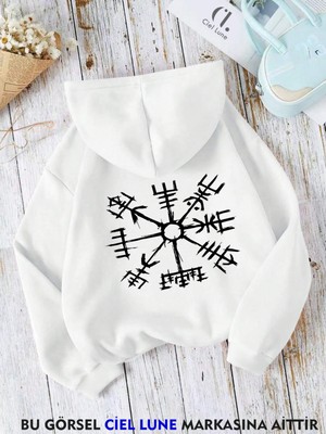 Nevermind Unisex  Viking Pusula Vegvisir Baskılı Oversize Baskılı Kapşonlu Sweatshirt 3 Iplik