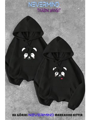 Nevermind Sevgili Çift Kombini Panda Baskılı Kapüşonlu Sweatshirt 2li Set Takım