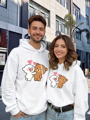 Nevermind Sevgili Çift Kombini Sevimli Ayıcık Baskılı Kapüşonlu Sweatshirt 2li Set Takım 3 Iplik Pamuk