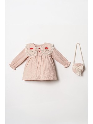 Miniğimin Cicileri Mantar Nakışlı Çantalı Kız Bebek Elbise 2’li Takım (1–4 Yaş) - Somon