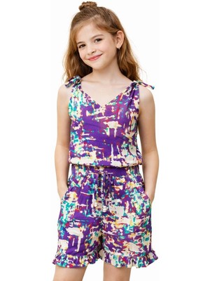 Çikoby Kız Çocuk Şort Tulum Elbise – %100 Viskoz, Ayarlanabilir Boncuklu Askılı, Beli Lastikli, Paçalar Fırfırlı ve Cepli