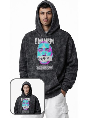 Fuddy Moda Oversize Eminem Baskılı Kapüşonlu Yıkamalı Sweatshirt, Unisex Rapper Temalı Eskitme Hoodie