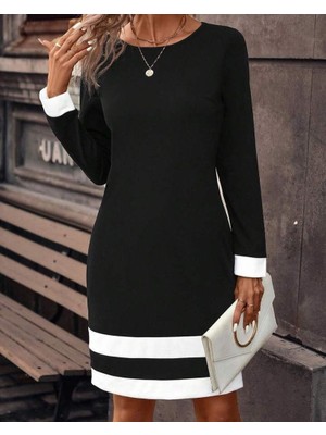 Etiler Collection Kadın Uzun Kollu Bisiklet Yaka Kol ve Tek Ucu Şeritli Ithal Krep Midi Elbise