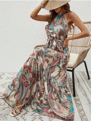 Etiler Collection Kadın Halter Yakalı Omuzlardan Açık Kuşaklı Maksi Boy Desenli Süprem Elbise