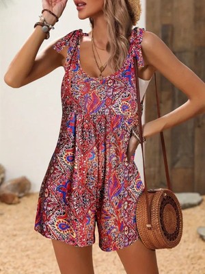 Etiler Collection Kadın Omuzlardan Askılı Desenli Geniş Paçalı Süprem Tulum