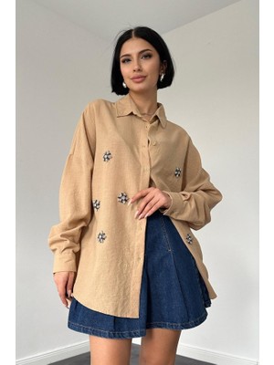 Etiler Collection Bej Taş Işlemeli Gömlek