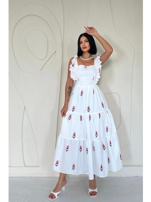 Etiler Collection Kırmızı Sıfır Kol Fırfırlı Elbise