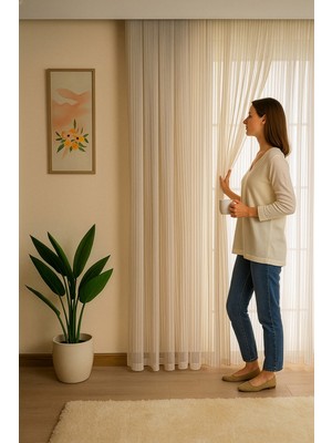 Quba Deco Italyan Keten Tül Dökümlü Natural  Ütü Istemez Tül Perde Salon Oturma Odası Yatak Odası Antre