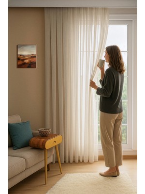 Quba Deco Keten Içeren Tül Perde Doğal Natural Ütü Istemez  Salon Oturma Odası Yatak Odası Antre