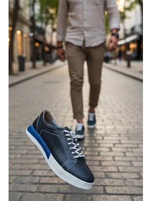 Enoch Hakiki Deri Mavi Renk Detaylı Erkek Sneaker Ortopedik Taban