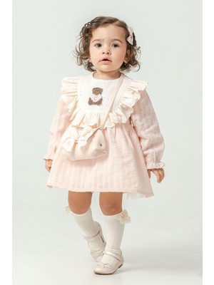 Miniğimin Cicileri Bear Nakışlı Fırfırlı Prenses Elbise 2’li Kız Bebek Takımı - Somon