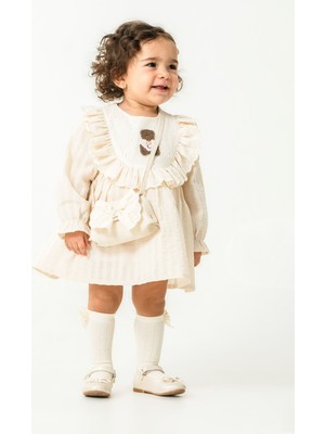 Miniğimin Cicileri Bear Nakışlı Fırfırlı Prenses Elbise 2’li Kız Bebek Takımı - Bej