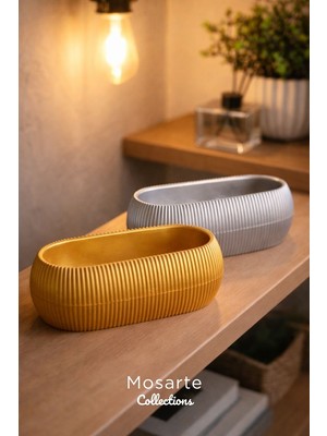 Mosarte Ribbed Modern Yivli Oval Tasarım Vazo / Dekoratif Obje 2'li Set