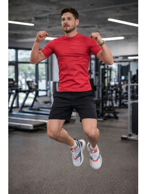 Kırmızı - Erkek Desenli Slım Fıt Spor Tişört