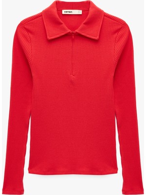 Koton Slim Fit Uzun Kollu Yarım Fermuarlı Gömlek Yaka Tişört