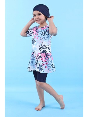 Kalp Desenli Lacivert Kız Çocuk Boneli Mayo Takımı