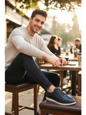 Enoch Hakiki Deri Lacivert Lazer Delikli Bağcıklı Erkek Sneaker Ortopedik Taban