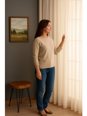 Quba Deco Italyan Keten Tül Dökümlü Natural  Ütü Istemez Tül Perde Salon Oturma Odası Yatak Odası Antre