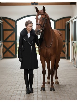 Barbora Kadın Kürklü Siyah Kaşe Kışlık Kaban
