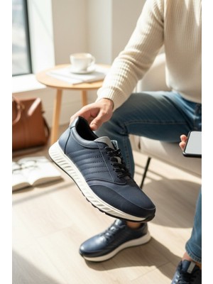 Enoch Hakiki Deri Lacivert Yatay Dikiş Detaylı Erkek Sneaker Ortopedik Taban