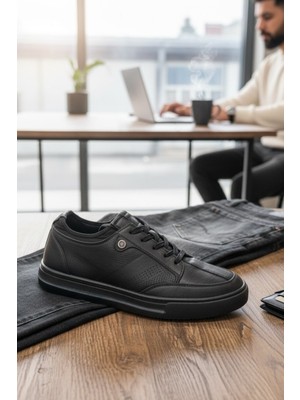 Enoch Hakiki Deri Siyah Yazlık Mikro Delikli Erkek Sneaker Ayakkabı Ortopedik Taban