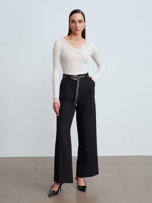 Dilvin 72250 Pensli Kemerli Kumaş Pantolon-Siyah