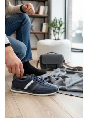 Enoch Hakiki Deri Şerit Detaylı Erkek Sneaker Ayakkabı Ortopedik Taban