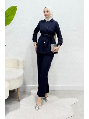 Tesettür Diyarı Pera Çıtçıtlı Krep Kumaş Tesettür Takım- Lacivert