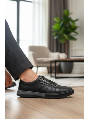 Enoch Hakiki Deri Siyah Düz Taban Erkek Sneaker Ortopedik Taban