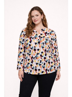 Rmg Desenli Büyük Beden Bluz Ekru