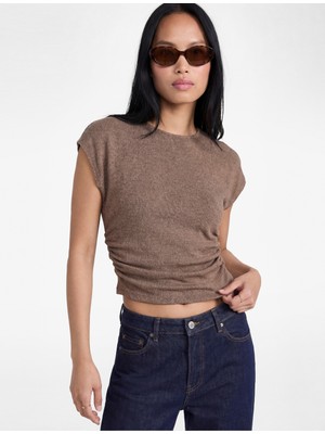 Koton Bürümcük Kumaş Slim Fit Kısa Kollu Bisiklet Yaka Drapeli Dokulu Tişört