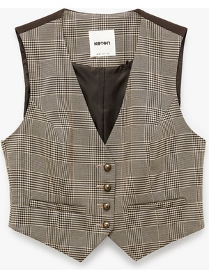 Koton Kruvaze Düğmeli Ekose Crop Blazer Yelek