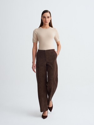 Dilvin 72257 Dikiş Detaylı Süet Pantolon-Kahve