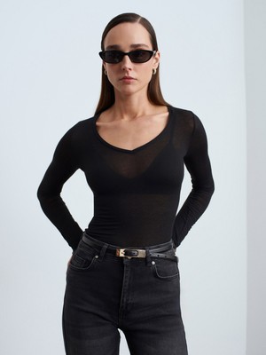 Dilvin 32310 V Yaka Kaşmir Bluz-Siyah