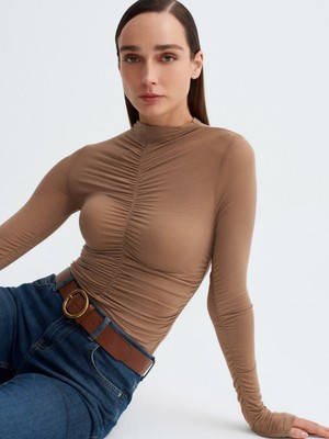 Dilvin 32333 Kaşmir Karışımlı Büzgülü Bluz-Vizon