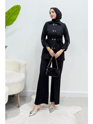 Tesettür Diyarı Pera Çıtçıtlı Krep Kumaş Tesettür Takım- Siyah