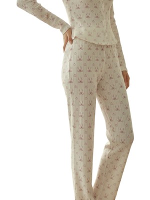 Merlot %100 Pamuk Baskılı Pointelle Wide-Leg Pijama Altı