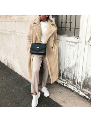 1Tarz Kadın Peluş Düğmeli Kışlık Ceket Krem Renkli Uzun Kol Cepli Günlük Stil