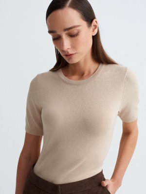 Dilvin 10779 Bisiklet Yaka Kısa Kollu Triko Bluz-Açık Bej