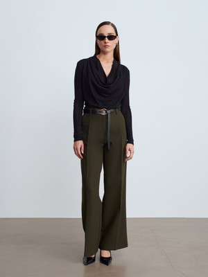 Dilvin 72250 Pensli Kemerli Kumaş Pantolon-Haki