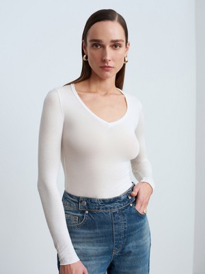 Dilvin 32310 V Yaka Kaşmir Bluz-Ekru