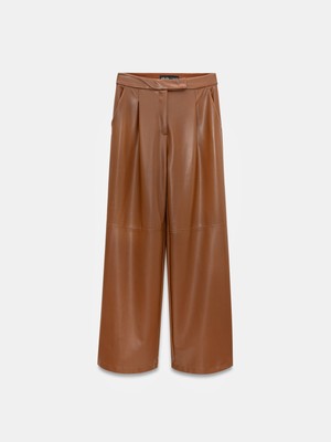 Dilvin 72238 Suni Deri Geniş Paça Pantolon-Karamel