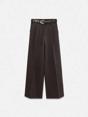 Dilvin 72250 Pensli Kemerli Kumaş Pantolon-Kahve