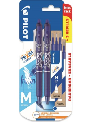Pılot Frixion Clicker - Geri Çekilebilir Silinebilir Jel Mürekkep Kalemleri - Mavi Mürekkep - Orta 0,7 mm Uç - Blister 2'li Paket + 6 Bonus Yedek