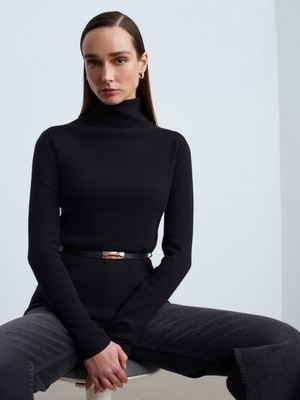 Dilvin 10861 Kaşmir Karışımlı Kemerli Kazak-Siyah