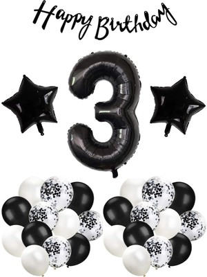 Patladı Gitti Siyah Konsept Doğum Günü Kutlama Seti; 3 Yaş İçin Beyaz Siyah Konfetili Balon ve Yıldız Folyo