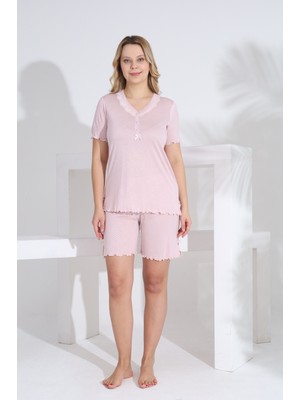 Evia Angelique Bambu Kumaş Kısa Kol V Yaka Kadın Şort Takım 22076-77